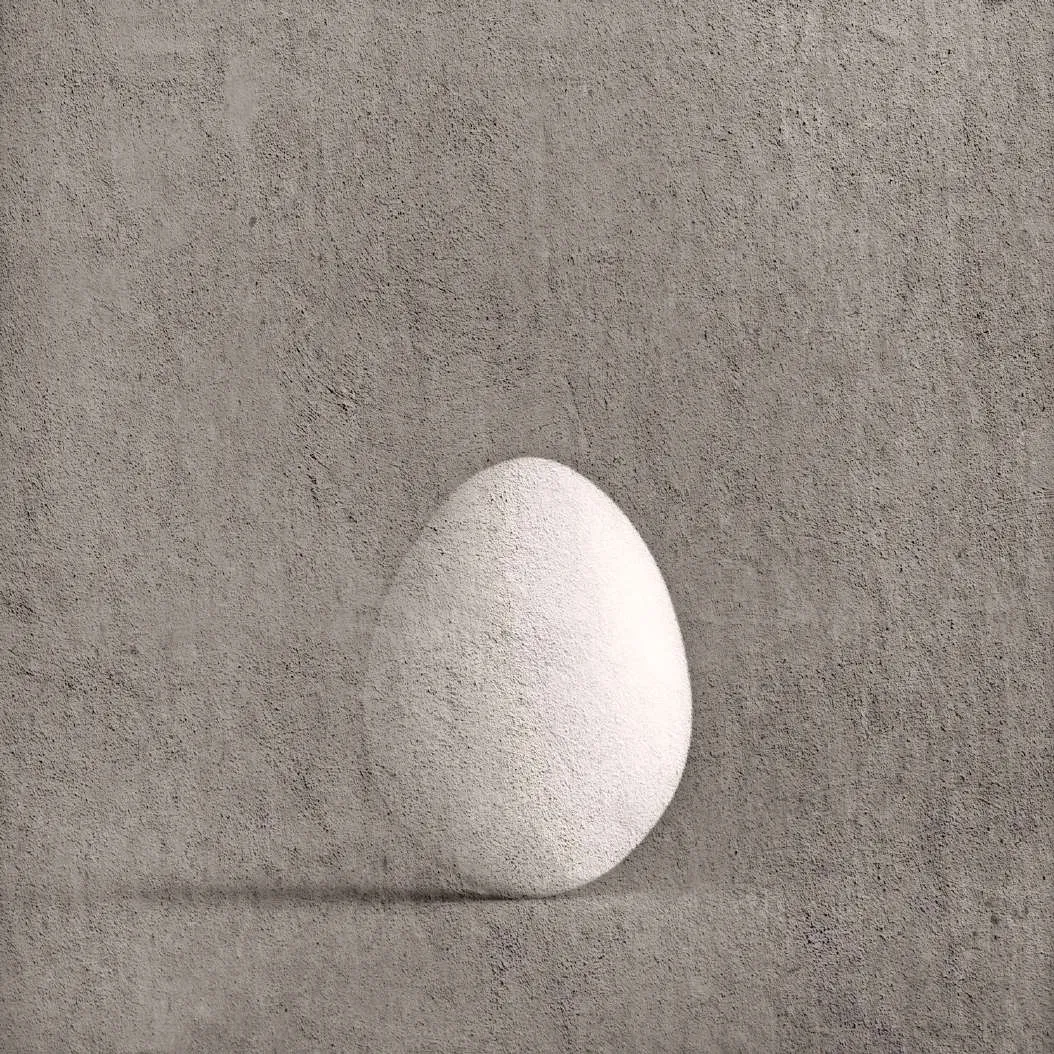 Huevo blanco sobre fondo gris claro texturado